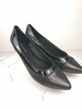 Donald J Pliner Flats 9.5 N Narrow Black Pewter Metallic Lizard Print Shoes NIB